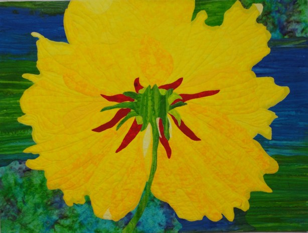 A Different Perspective, rayon on cotton. 45" x  45",   © 2014 Joni Beach. Pieced, free-motion quilting. applique, threadsketching.($2000)