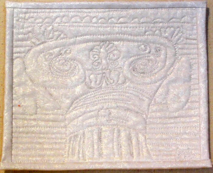 Column at Crystal Palace (Madrid), 8 12" x 10", rayon on cotton, © 2014 Joni Beach. Wholecloth, free-motion quilting. 