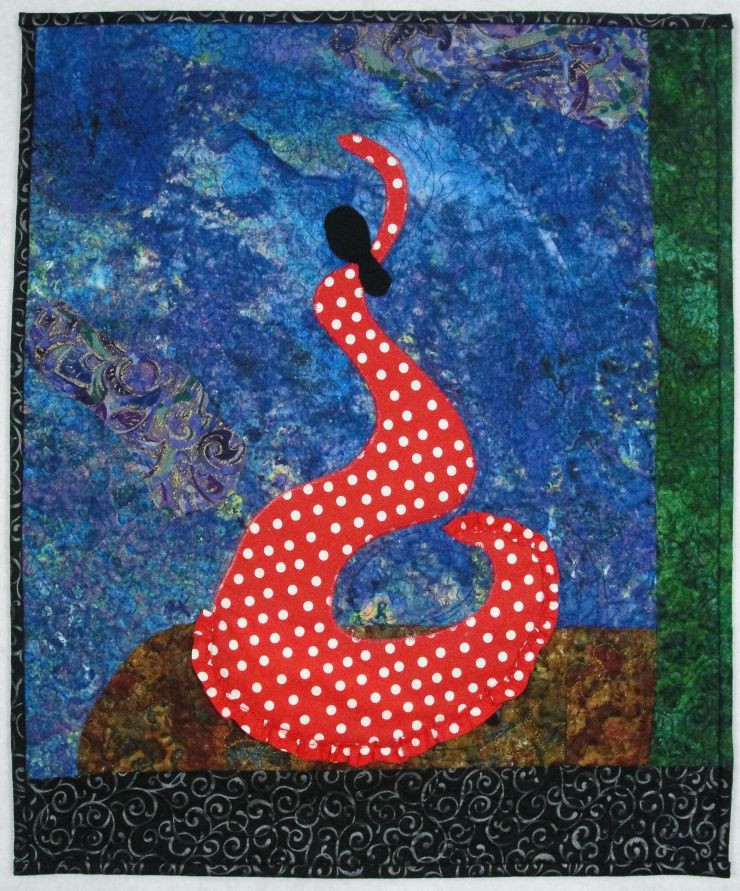 Flamenco Swirl #1, rayon on cotton, © 2014 Joni Beach. Raw-edge applique, free-motion quilting.(Private Collection)